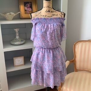 SAYLOR designer off the shoulder smocked ruffle purple pink blue summer dress M